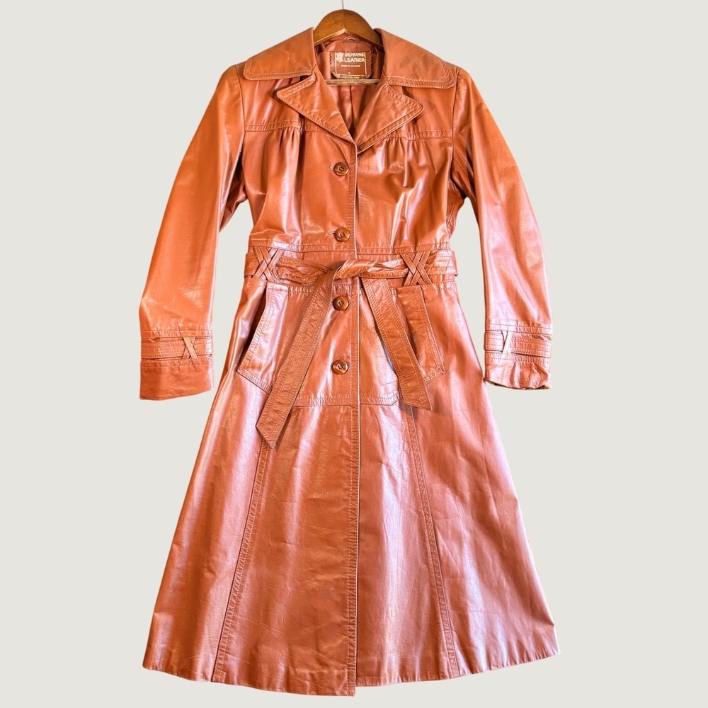 Berman Buckskin Co Vtg Leather Trench Coat XS Cognac 70s Belted Equestrian Boho